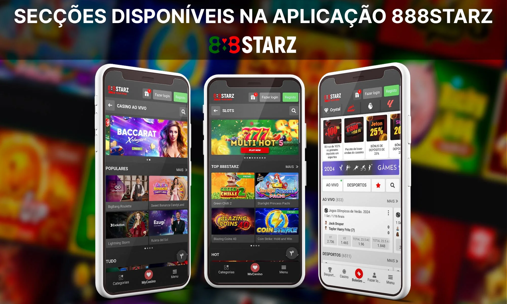 Que secções estão disponíveis na aplicação 888Starz